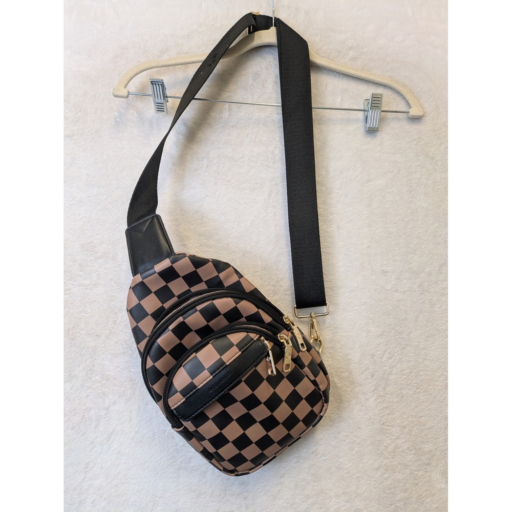 Bostanten Brown Black Checkered Sling‎ Bag Crossbody Vegan Leather